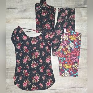 Girls Floral Print Outfit Top Tank and Leggings Set + Extra Leggings M(7/9)